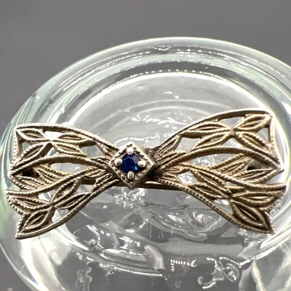 1930s Sterling Silver Brooch Pin Filigree Blue Stone Center Floral Vintage 925 - Picture 2 of 8